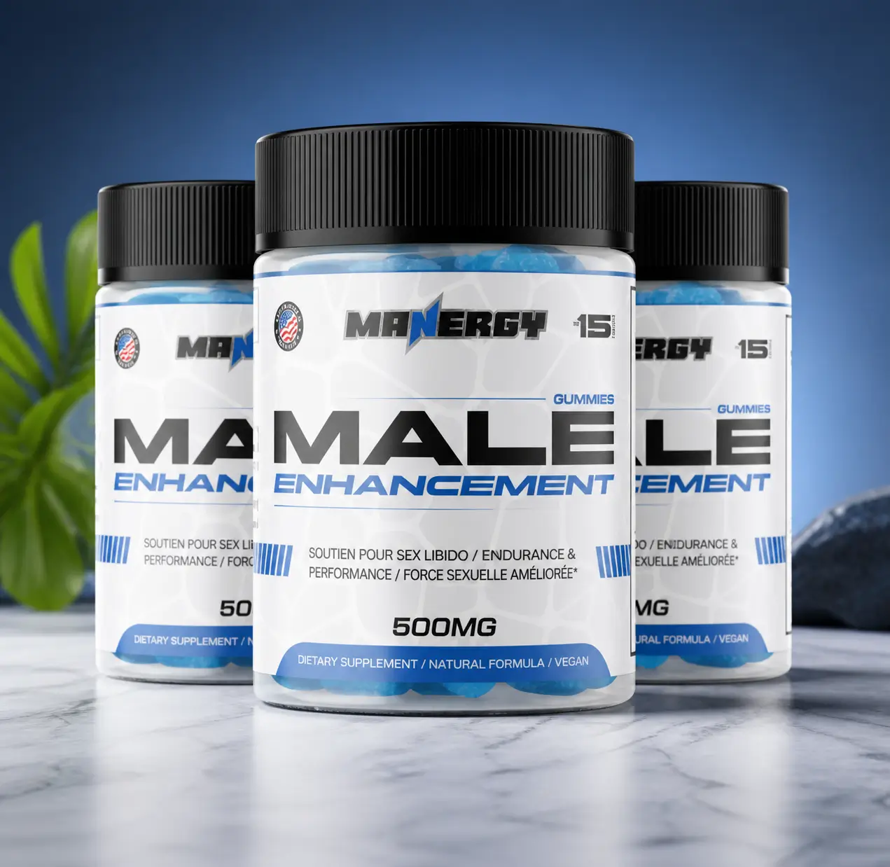 Three bottles of Manergy men's wellness gummies